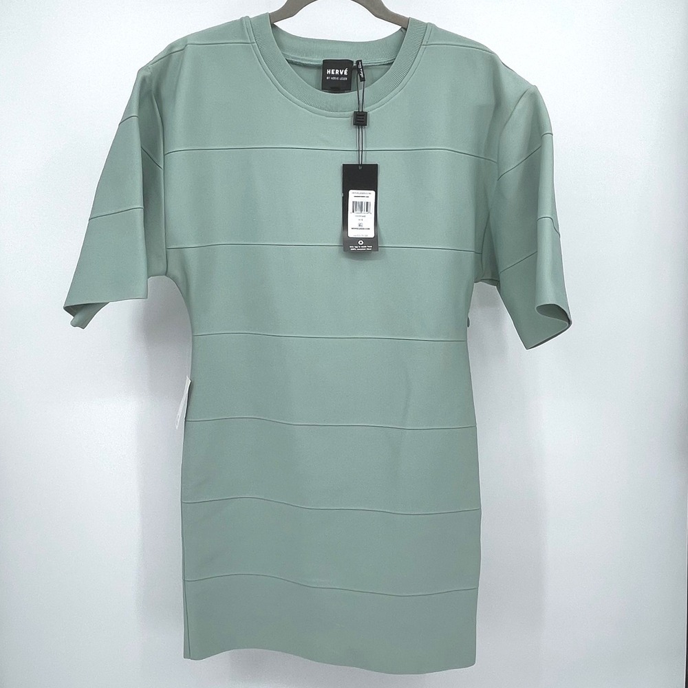 HERVÉ BY HERVÉ LÉGER‎ NWT Sage Green Ribbed Stripe Short Sleeve Dress Size L